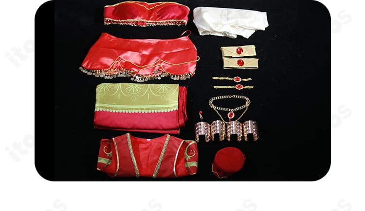 愛城華恋 千夜一夜物語ver.コスプレのセット内容一覧。上着、ビスチェ、ズボン、腰布、各種アクセサリーが一目でわかる。