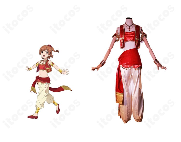 愛城華恋 千夜一夜物語ver.コスプレの正面全景とキャライメージ比較。装飾と配色を忠実に再現したセットアップ。