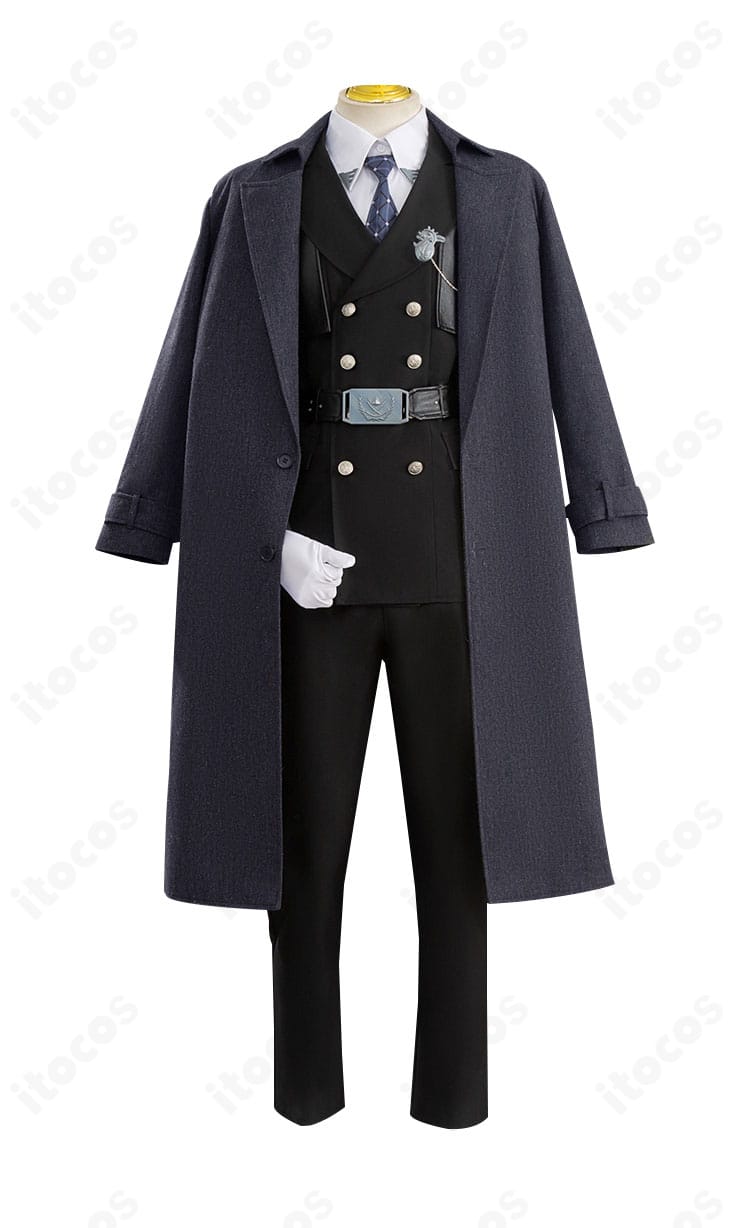 恋と深空 レイ コスプレ衣装の正面全体。コートとシャツ、ネクタイ、パンツのバランスが分かるクリアな画像。