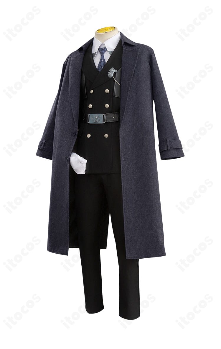 恋と深空 レイ衣装の側面ビュー。ロングコートの落ち感とシルエット、ウエスト周りのラインを確認できる。