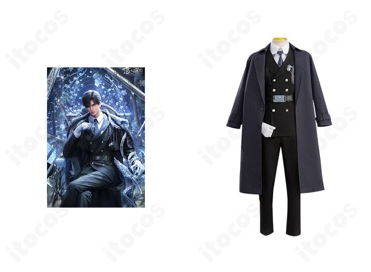 恋と深空 レイのコスプレ衣装を着用した全身イメージ。ロングコートを含む高忠実再現のデザインが伝わる写真。