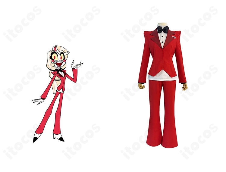 チャーリー・モーニングスターのコスプレ衣装一式を正面から。レッドのスーツと蝶ネクタイで作中デザインを忠実再現。