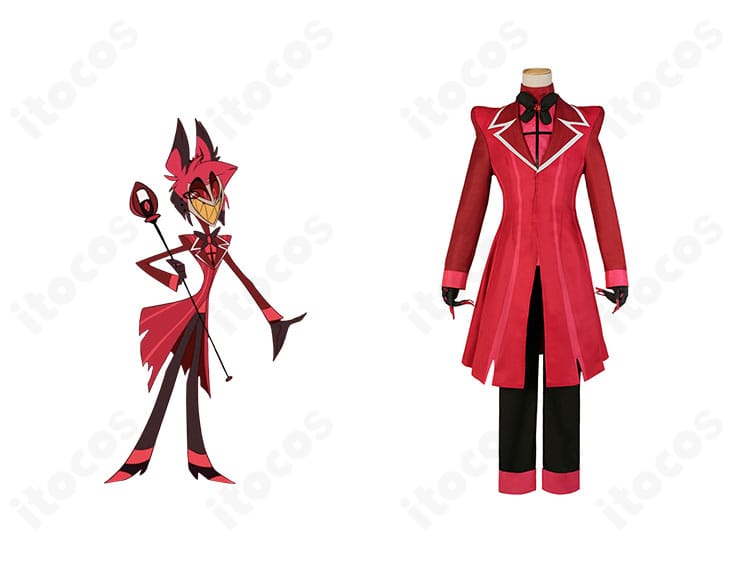 ハズビン・ホテルのアラスター衣装とキャラクター比較。深紅コートと蝶ネクタイを備えた高再現セットの全体イメージ。