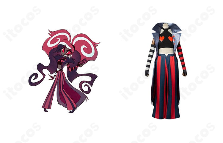 正面全身：ハズビン・ホテル ヴェルヴェットのコスプレ衣装を着用したイメージ。モードなコートとパンツ、ハート装飾が特徴。