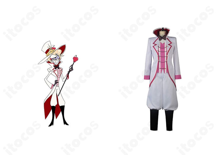 ハズビン・ホテルのルシファー・モーニングスターを再現したコスプレ衣装とキャラクターイメージの正面構図。燕尾コートとトップハットのフォーマル感が伝わるカット。