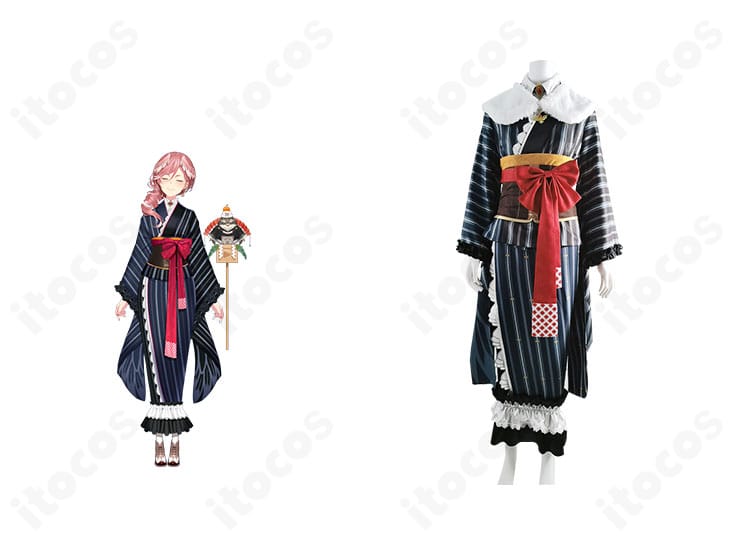 鷹嶺ルイのお正月衣装コスプレとキャラクタービジュアルを並べた正面写真。和装モチーフの配色とシルエットを高再現。