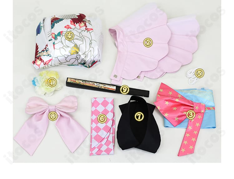 ホロライブ 小鳥遊キアラ お正月衣装のセット内容一式。衣装・ショール・髪飾りを並べた構成写真。
