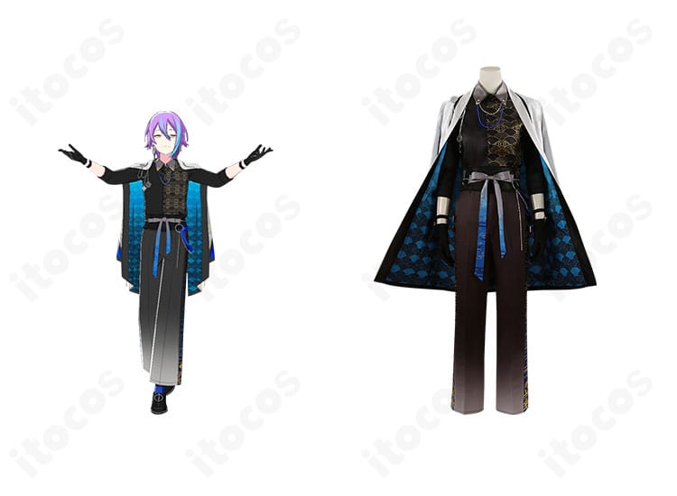 神代 類の『悪を討て、成敗請負人ガチャ』ライブ衣装一式。クールな悪役テイストのロングコートと装飾が映える全身ビュー。