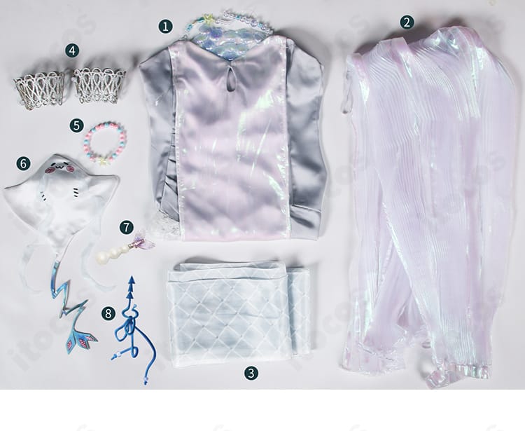 無期迷途 L.L. コスプレ衣装 フルセット内容一覧。ワンピース、コート、マフラー、手首・足首飾り、ヘアピン、紐飾り、道具を一画面で確認可能。