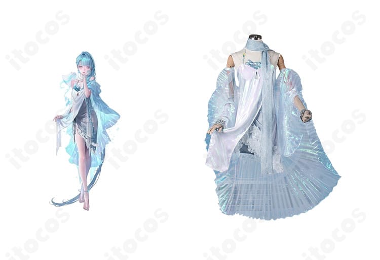 無期迷途 L.L. コスプレ衣装の正面全体とキャラクター参考を並置した画像。高精度な配色と装飾でゲームの雰囲気を再現。