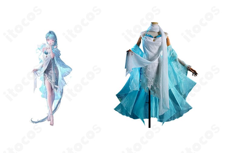 無期迷途 L.L. 極楽島 島主 コスプレ衣装の正面とキャラクター比較。色味と装飾の再現度が分かる合成イメージ。