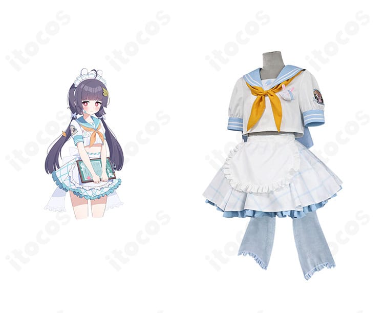霞沢ミユのコスプレ衣装・正面全体。ブルーアーカイブのセーラー襟とエプロンが映える構成