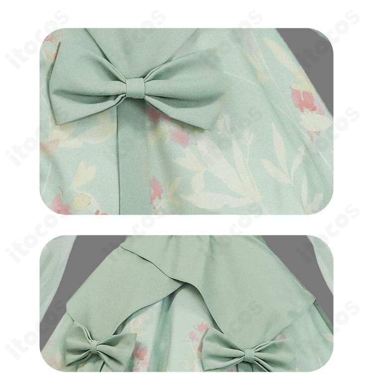 ウエストの蝶結び装飾の拡大写真。結び目の立体感とバランスを示し、コーデのポイントが伝わる画像。