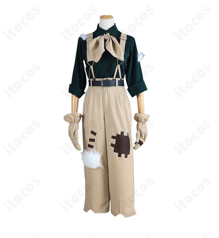 第五人格 探鉱者コスプレの正面ディテール。トップスのカッティングとスカーフの結び目、ベルト位置が分かる構図。