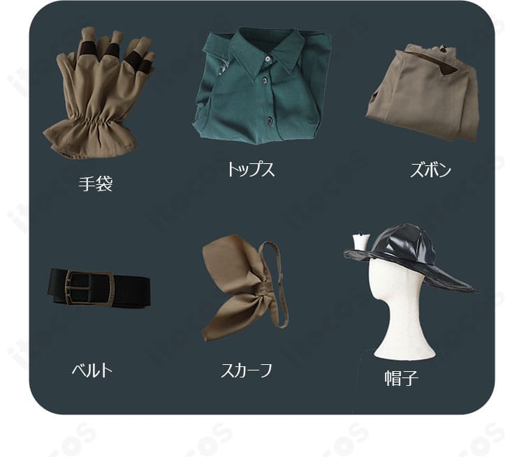 第五人格 探鉱者（ノートン・キャンベル）初期衣装フルセット内容。トップス・ズボン・スカーフ・ベルト・帽子・手袋を平置きで一覧化。