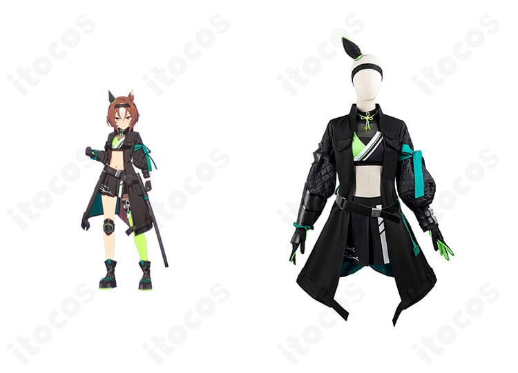 ヤエノムテキ 黒将Zen 勝負服のフルコーデとキャラクターを並べた画像。ウマ娘の世界観を忠実再現。
