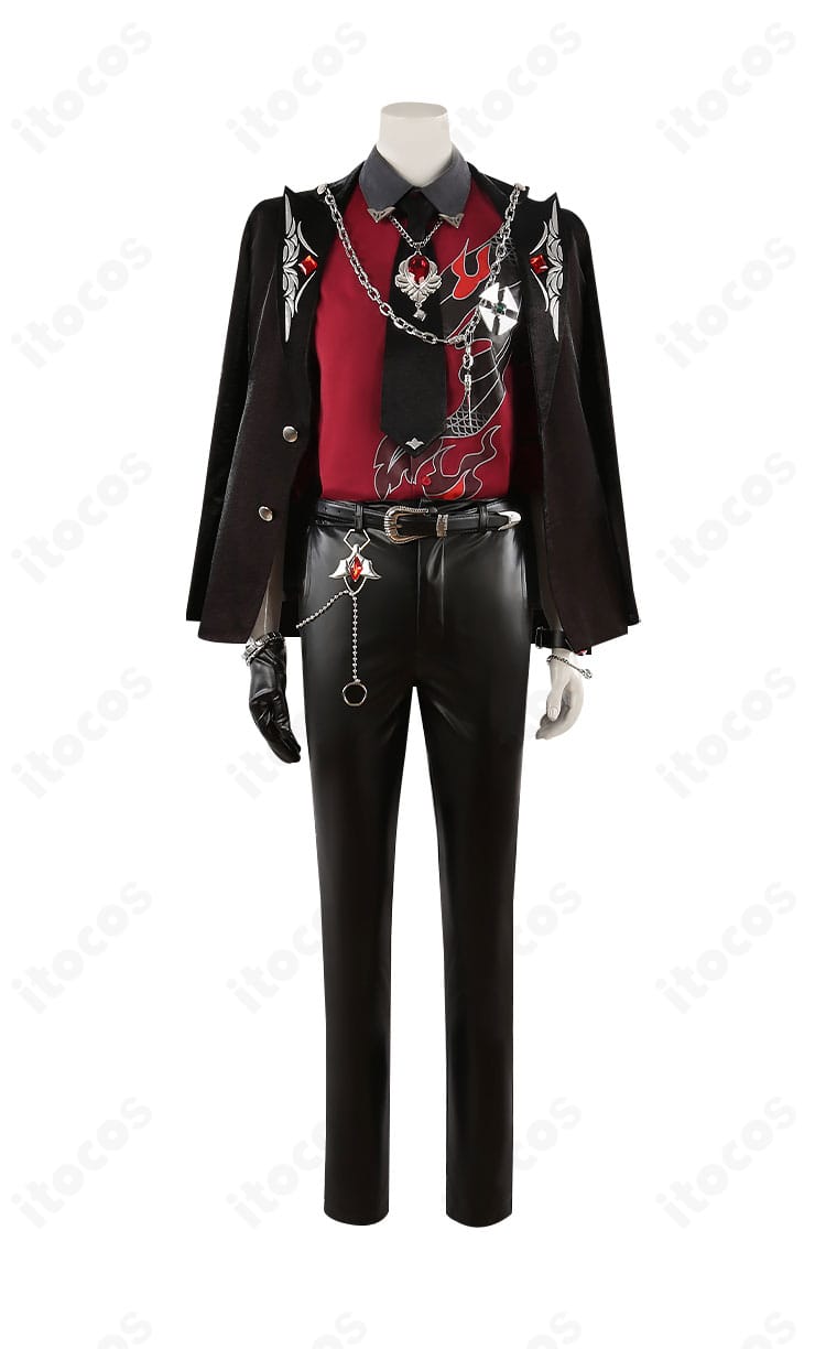 三毛縞斑 ドミナント衣装コスプレの正面全体図（装飾配置とシルエット）