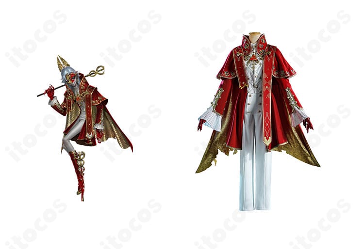 第五人格 夜の番人（イタカ）賢者の石コスプレ衣装の全身、重厚マントと炎モチーフ装飾が映える高再現デザイン