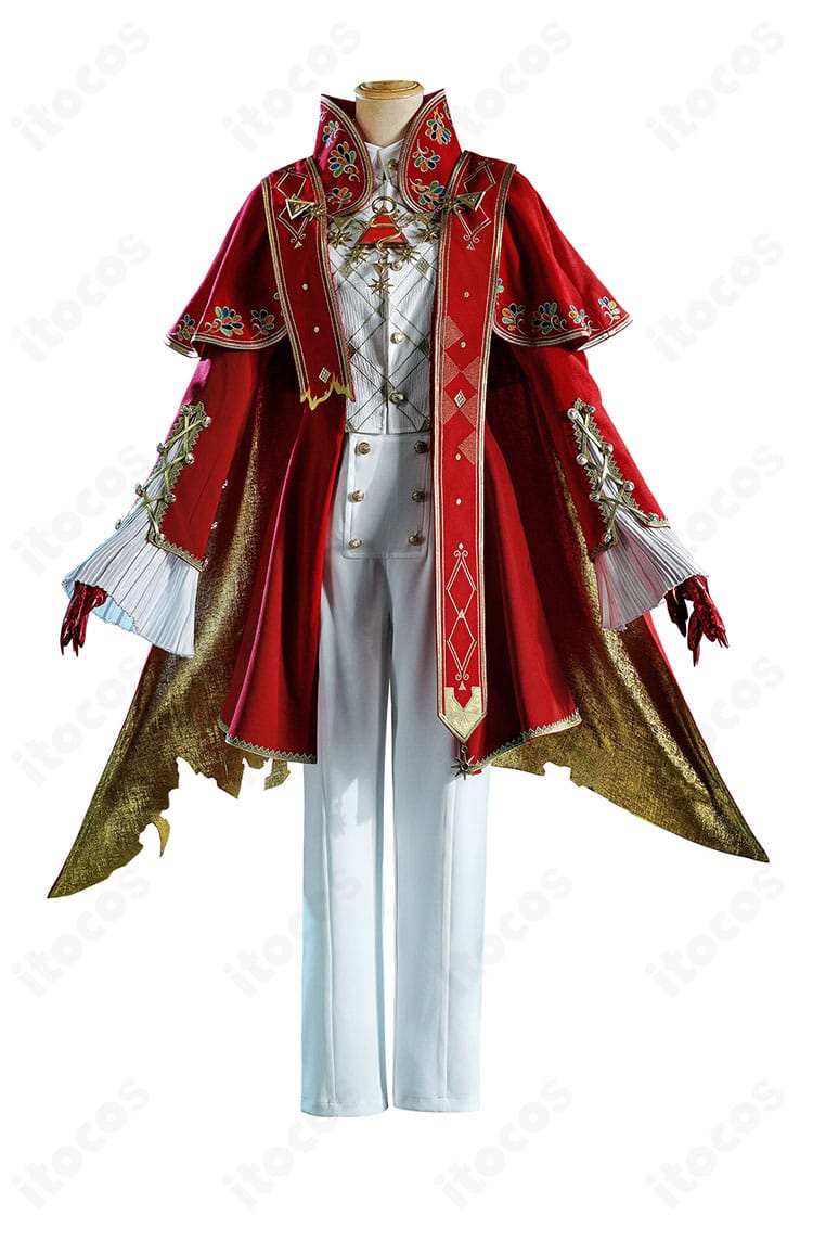 第五人格 イタカ 賢者の石コスプレ衣装の正面ディテール、胸飾りとコートの意匠がわかるカット