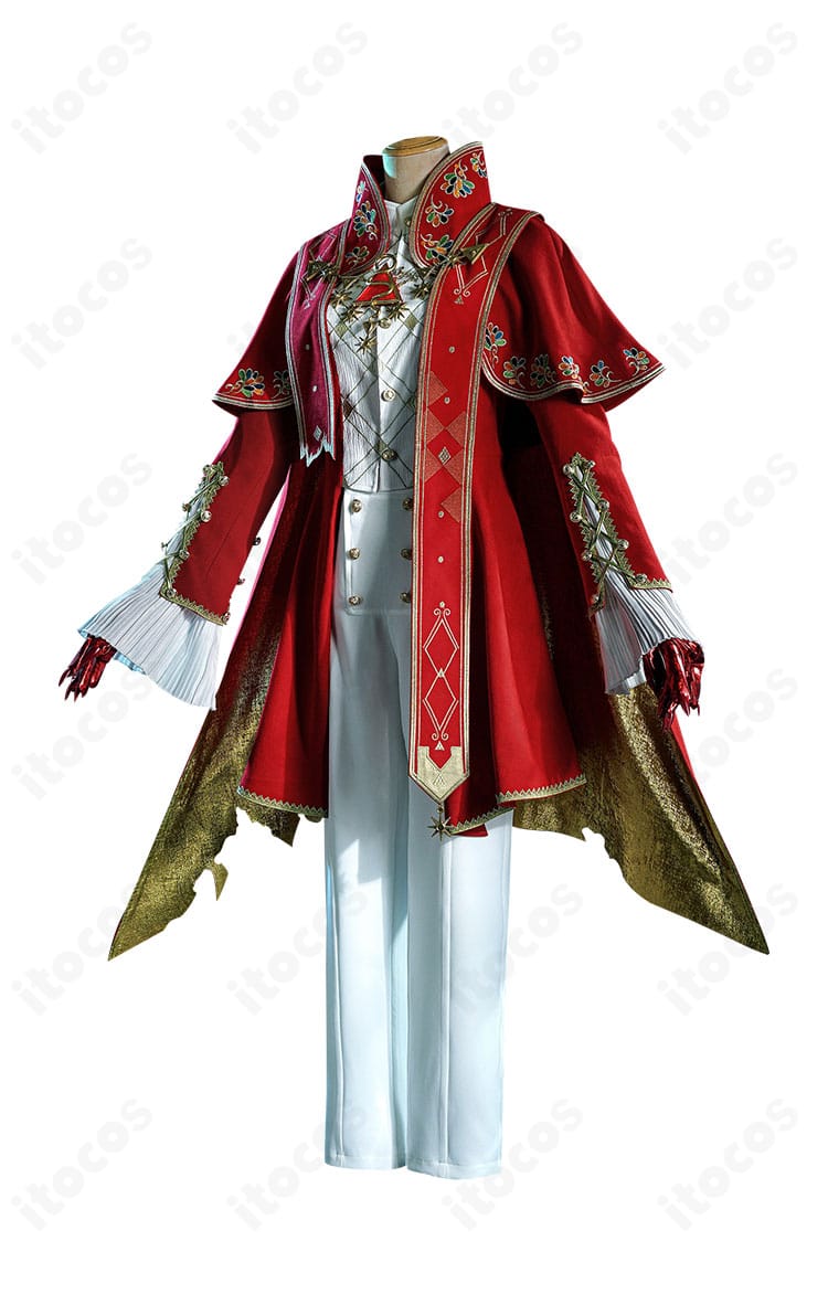 イタカ衣装の側面シルエット、マントの落ち感とコート丈のバランスを示す全身写真