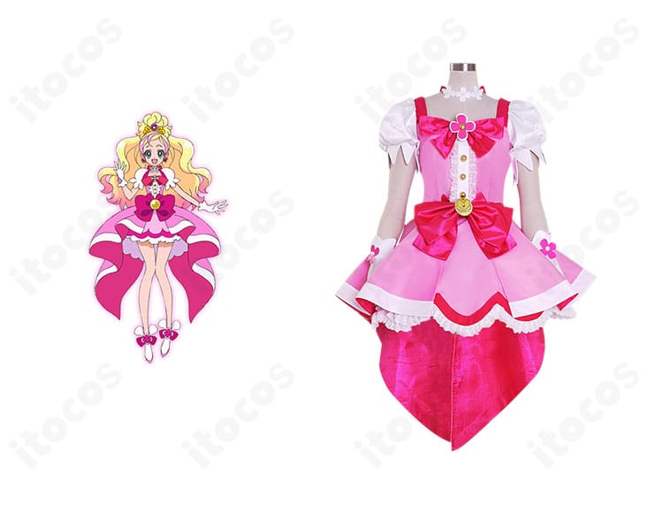 春野はるか（キュアフローラ）衣装の正面全身とキャラクター比較。高発色のピンク系配色とプリンセスシルエットを忠実再現。