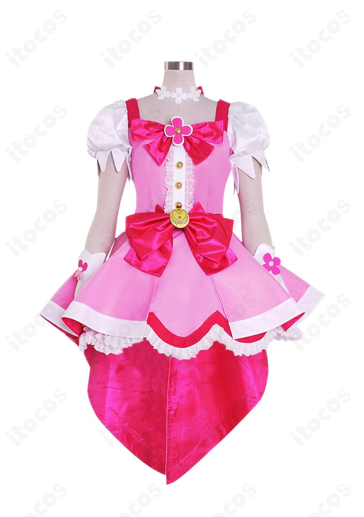 キュアフローラのコスプレ衣装・正面ビュー。胸元の装飾とリボン、繊細な刺繍がエレガントに映えるデザイン。