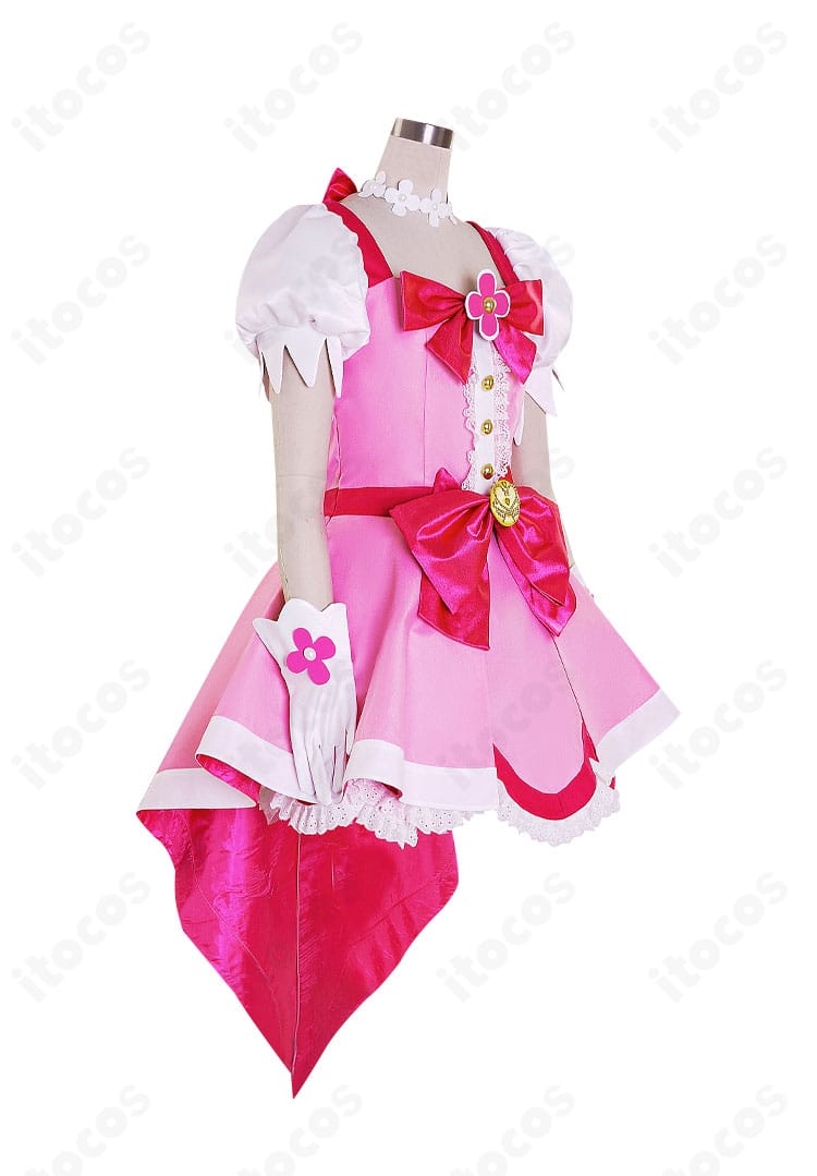 キュアフローラ衣装の右側面。袖口・ウエスト・リボンのバランスが確認できるサイドシルエット。