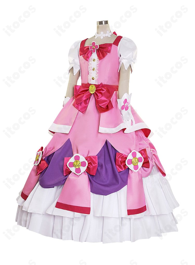 Go!プリンセスプリキュア キュアフローラ モードエレガント衣装の左側面。装飾の重なりと立体感が確認できる角度。