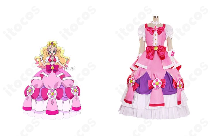 Go!プリンセスプリキュア キュアフローラ モードエレガント衣装の正面とキャラクターイメージ。高再現のシルエットが一目で伝わる構成。
