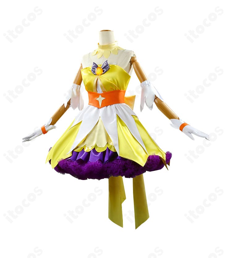 キュアトゥインクル衣装の側面シルエット、コルセットベルトによるウエストラインと袖周りの美しさ