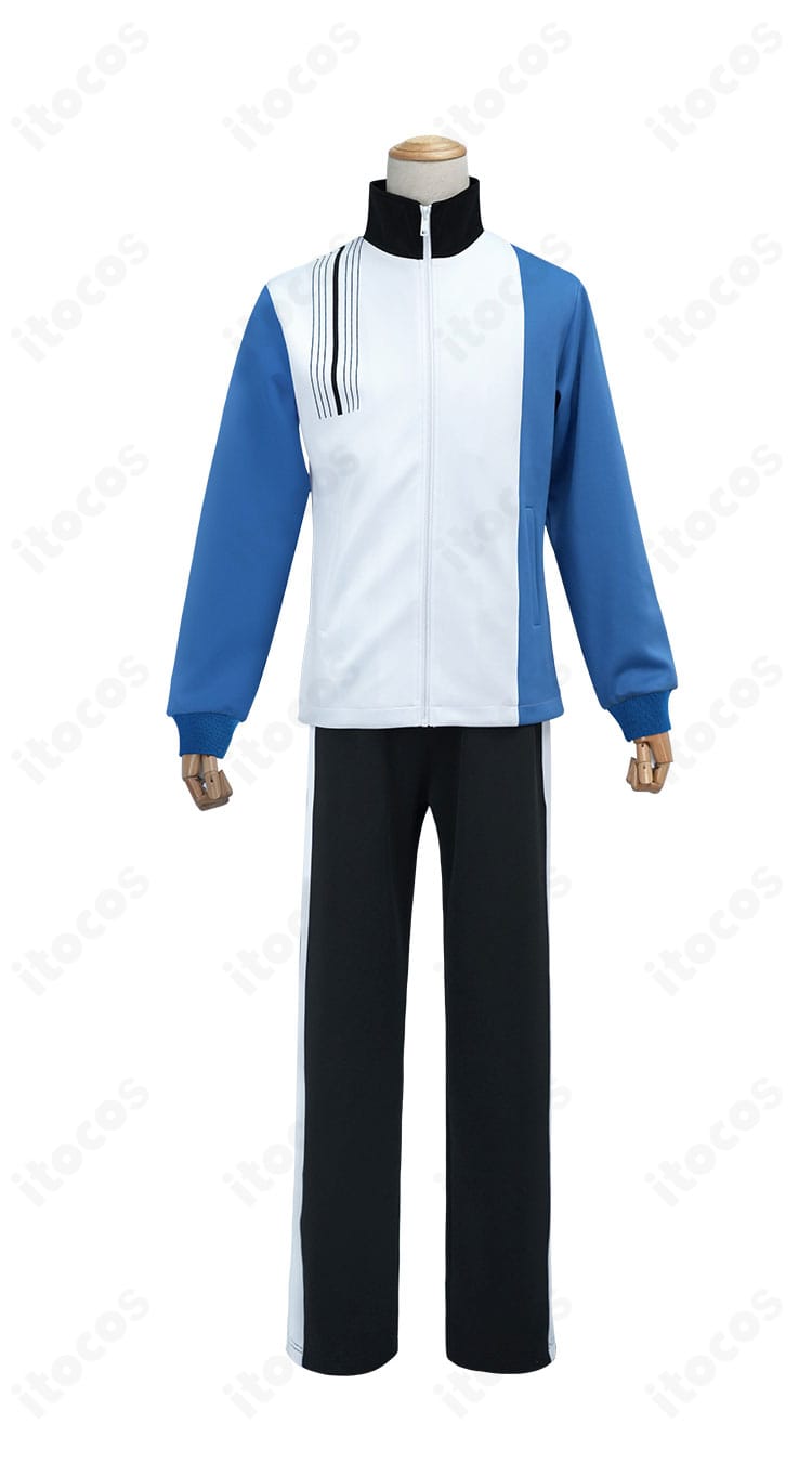 跡部景吾の氷帝学園中等部テニス部ジャージの正面全体。高発色のブルー×ホワイト配色とラインが再現されたITOCOS製コスプレ衣装