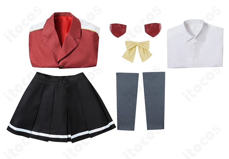 セット内容の一覧写真。コート、スカート、シャツ、スカーフ、髪飾り、靴下が一目で分かるレイアウト。