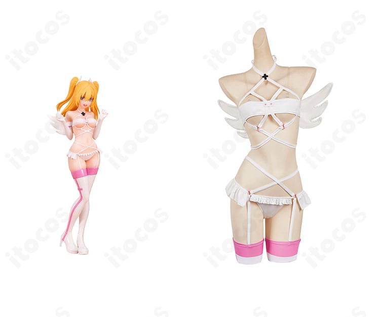 2.5次元の誘惑 天乃リリサ「リリエル 衛生小隊」衣装の正面とキャラクター比較。羽翼と装飾を含む高再現コスチューム。