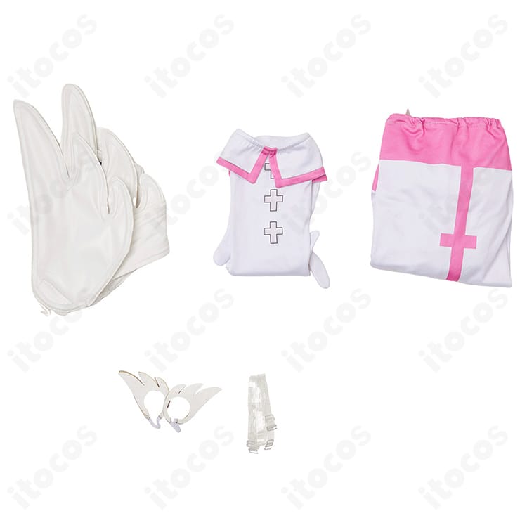 リリエル衛生小隊コスプレ セット内容一式。手袋・トップス・ズボン・靴下・髪飾り・透明ストラップを表示。