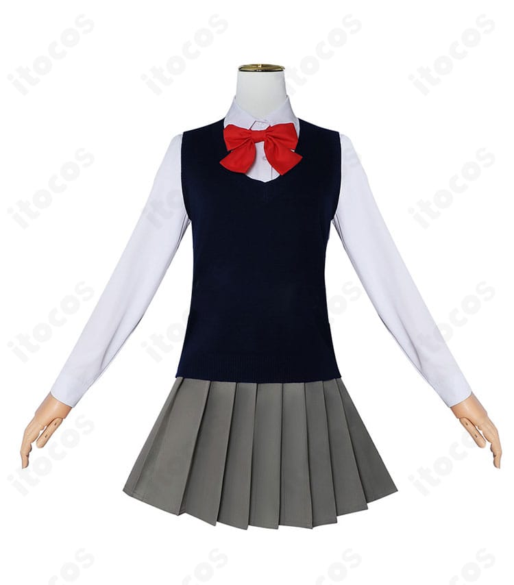 天乃リリサ 制服コスチュームの正面図。ベスト・シャツ・スカートの配色とスタイルを確認。
