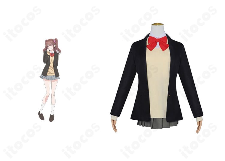 橘美花莉の制服コスプレ衣装とキャラクターイメージの比較。ブレザーと赤い蝶ネクタイを備えた高再現デザインの正面ビュー。