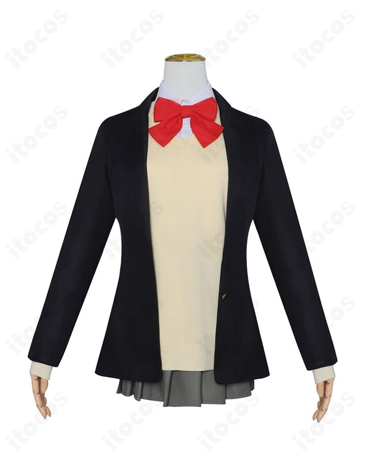橘美花莉 制服コスプレ衣装の全身正面。シャープなブレザーラインと整ったプリーツスカートが特徴の学園スタイル。