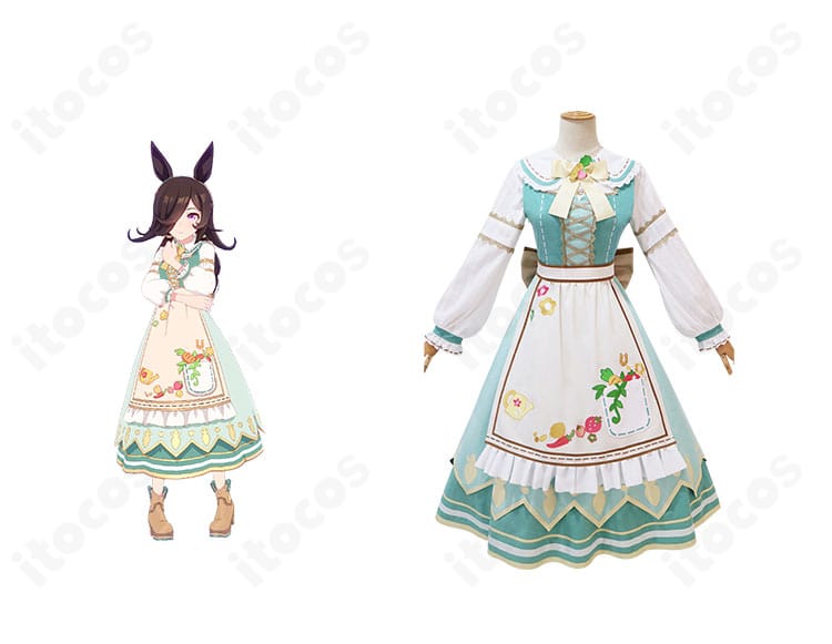 ライスシャワーの勝負服コスプレ一式・正面セット画像。高再現ディテールとゴシックメイド風の配色がわかる構成。