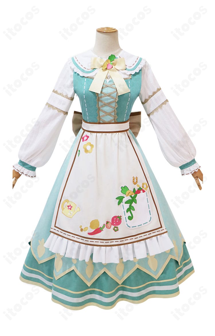 ライスシャワー勝負服コスプレの正面アップ。胸元リボンとエプロン、配色のコントラストを強調。