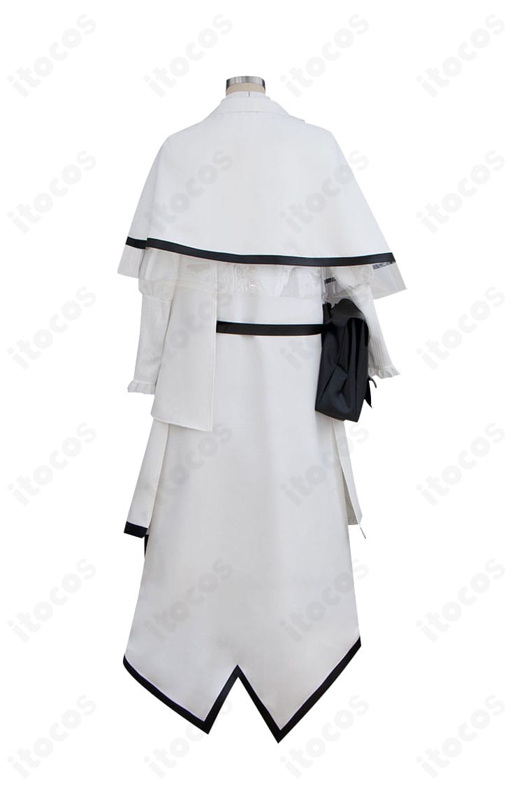 アークナイツ プリースティス衣装 背面ディテール。背中のシーム、ウエストライン、コート裾の落ち感を強調。