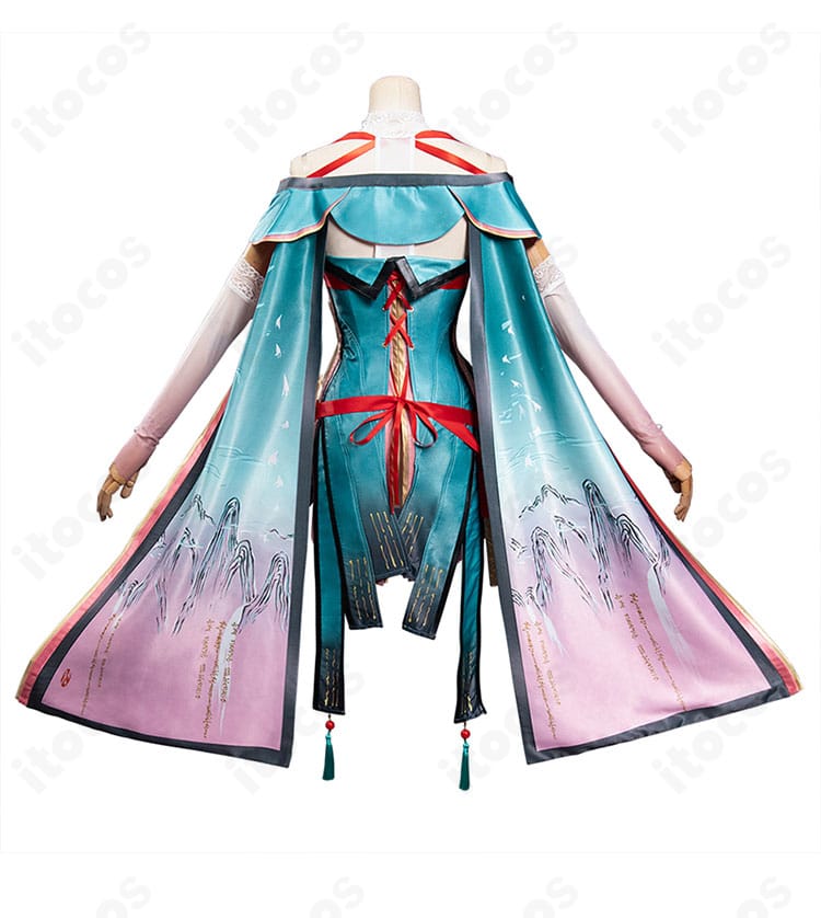 鳴潮 折枝（オリエ）コスプレ衣装の背面全体。背面の切り替え線と装飾配置のディテール。