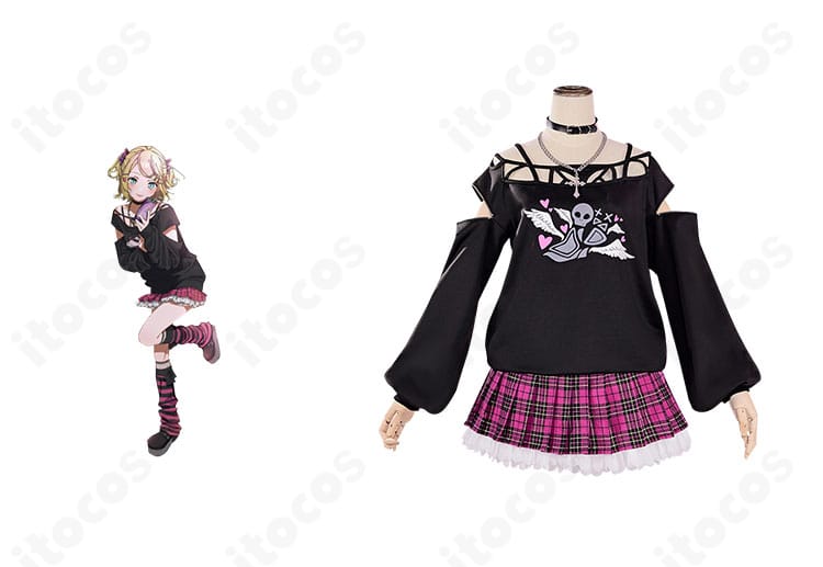 商品正面と鏡音リンのコラボビジュアルを並置した画像｜ドン・キホーテ フェア2024衣装の全体像