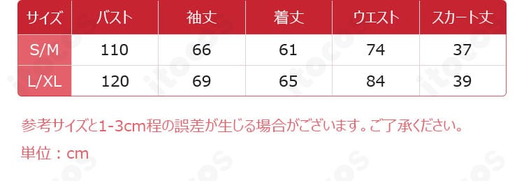 鏡音リン コラボ衣装のサイズガイド画像｜S/M・L/XLの寸法目安