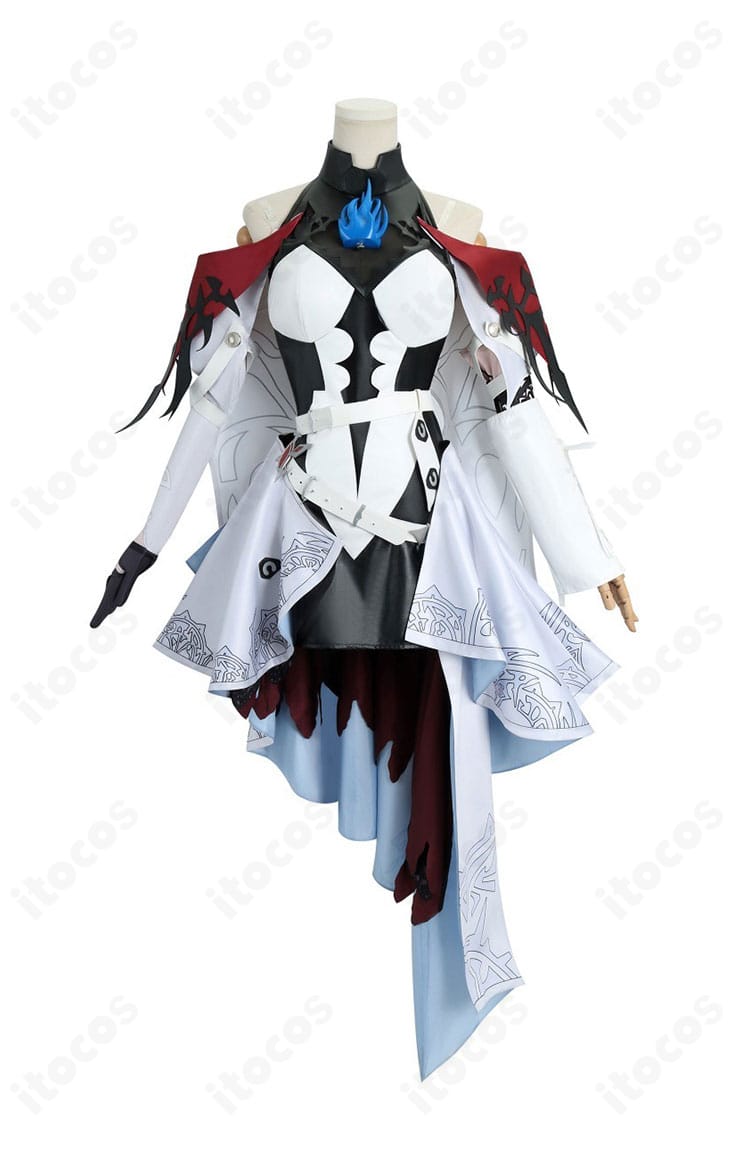 エリザベス・ローズ・ブラッドフレイム コスプレ衣装の正面全体。ワンピースとマント、胸飾りの配置やバランスが確認できる。