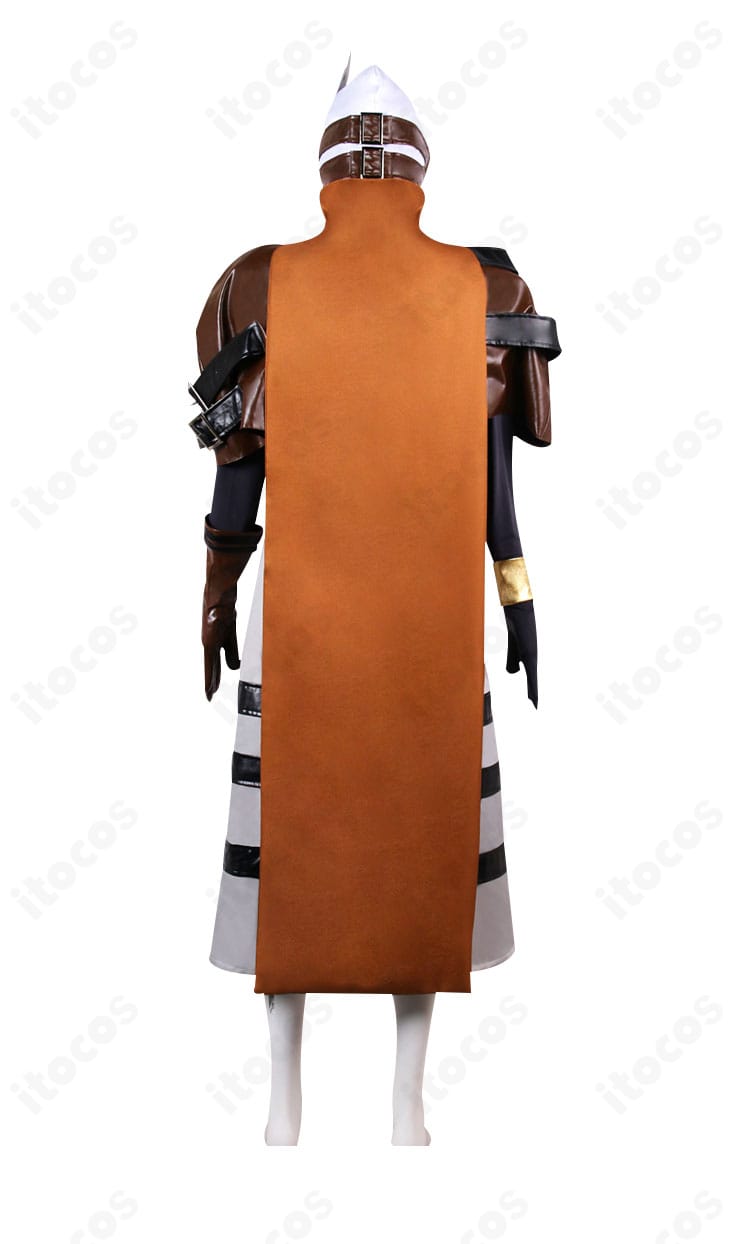 第五人格 占い師（イライ・クラーク）束縛者 コスチュームの背面。コルセットベルトの締まりとマントのドレープを詳細に表示