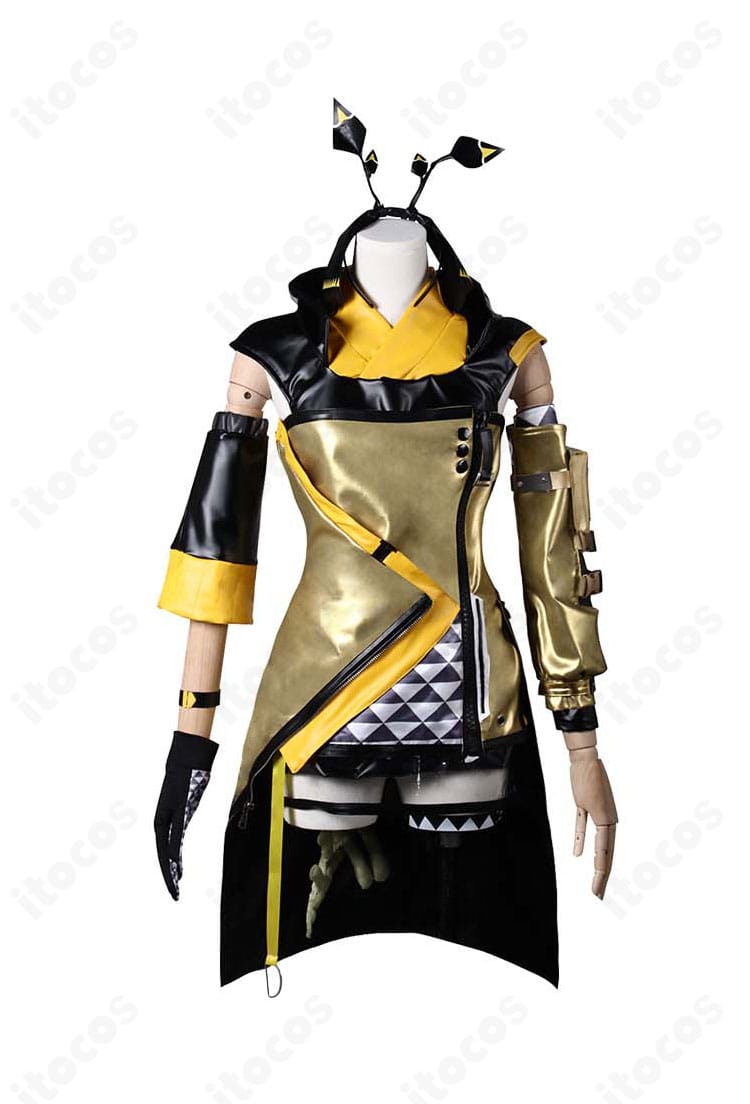 アークナイツ ウィーディ コスプレ衣装の正面全景。トップスとアクセサリー配置、カラーリングが分かる画像。