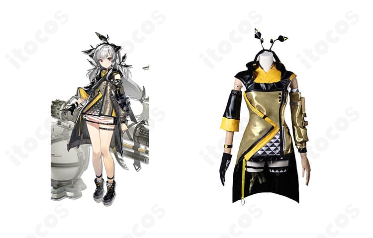 アークナイツ ウィーディの全身イメージとコスプレ衣装一式。配色と装飾を忠実再現した着用例の写真。
