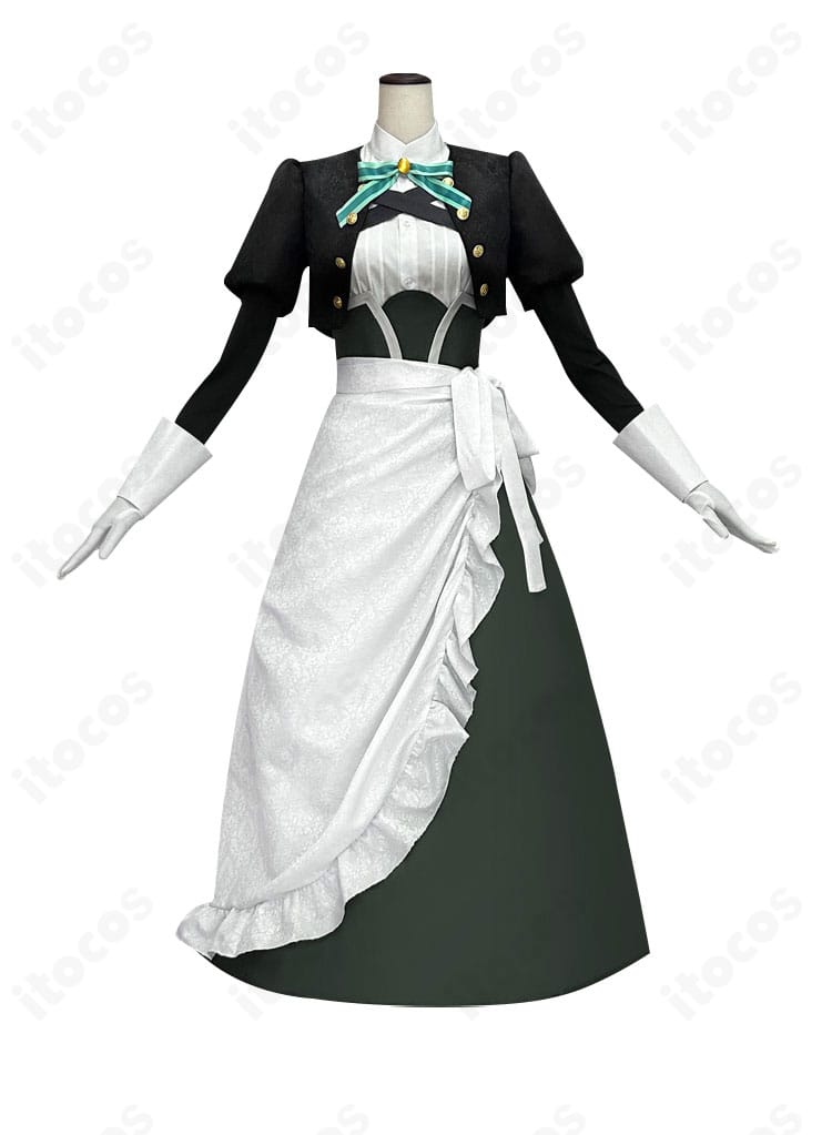 雪（シュエ）メイド服の正面全景。門襟とエプロンのコントラスト、フレアスカートのシルエットが分かる画像。