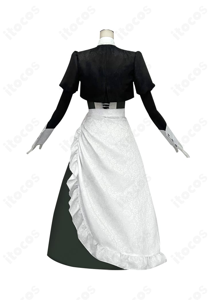 雪（シュエ）メイド服の背面。背中の開きとリボン結び、スカートの広がりを確認できる画像。