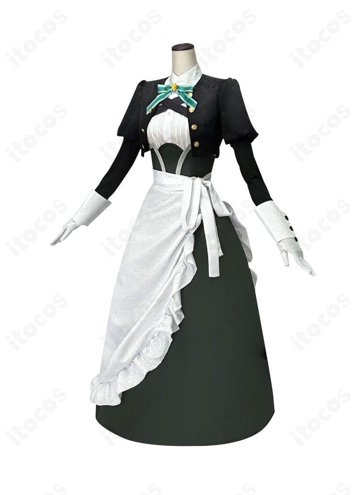 雪（シュエ）メイド服の側面。コルセットベルトで整うウエストラインと袖フリルの立体感を示すディテール。